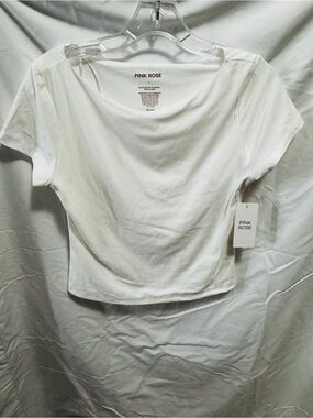 Pink Rose White Short Sleeve Scoop Crop Top stretch double layer front. NWT